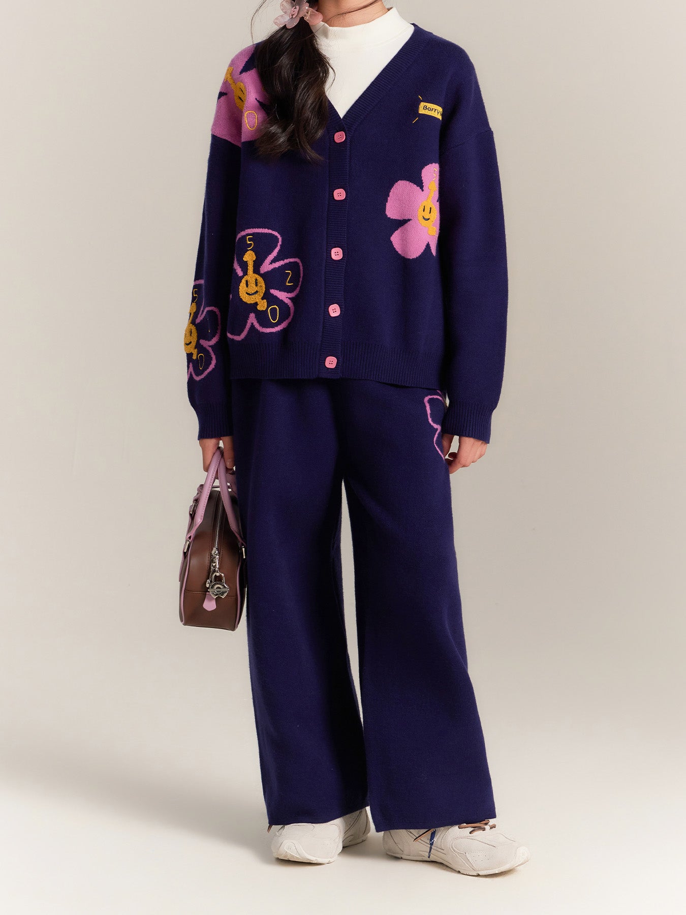 Kids Flower Knit Cardigan and Wide Leg Pants Set