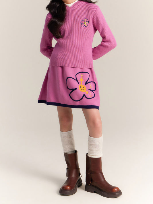 Girls Pink Hoodie Knit Top and Skirt Set