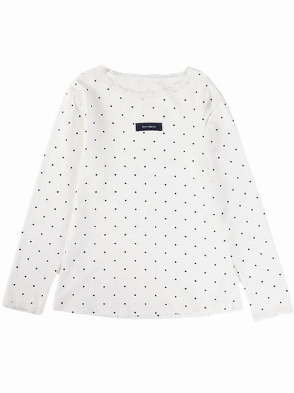 Girls Polka Dot Lace Trim Long Sleeve Tee with Logo