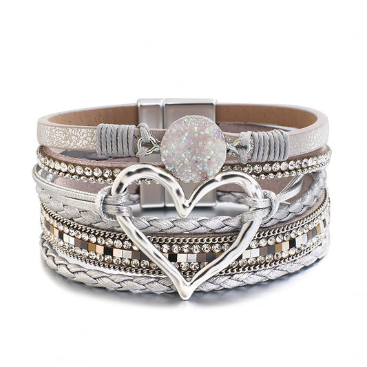 Boho Layered Leather Heart Rhinestone Magnetic Bracelet