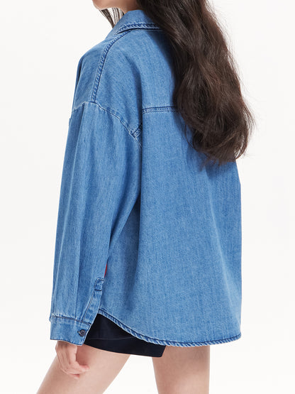 Girls Denim Heart Embroidered Shirt Jacket – Blue Classic