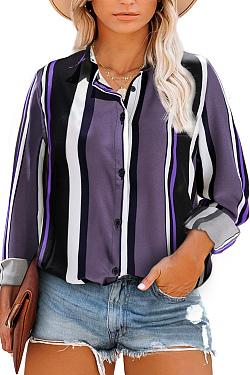 Striped Casual V-Neck Long Sleeve Chiffon Shirt Women's Tops Plus Size