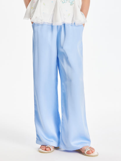 Girls Satin Wide Leg Pants Loose Sky Blue Trousers