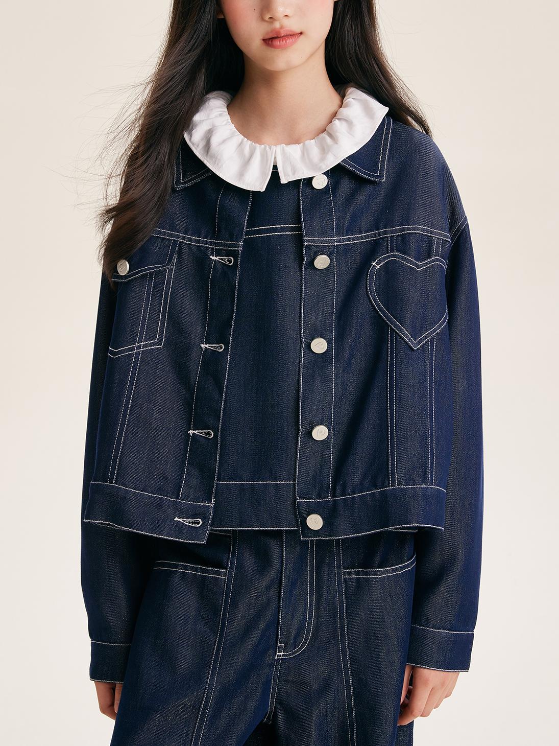 Girls Denim Jacket with Heart Pocket and Button Front