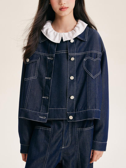 Girls Denim Jacket with Heart Pocket and Button Front