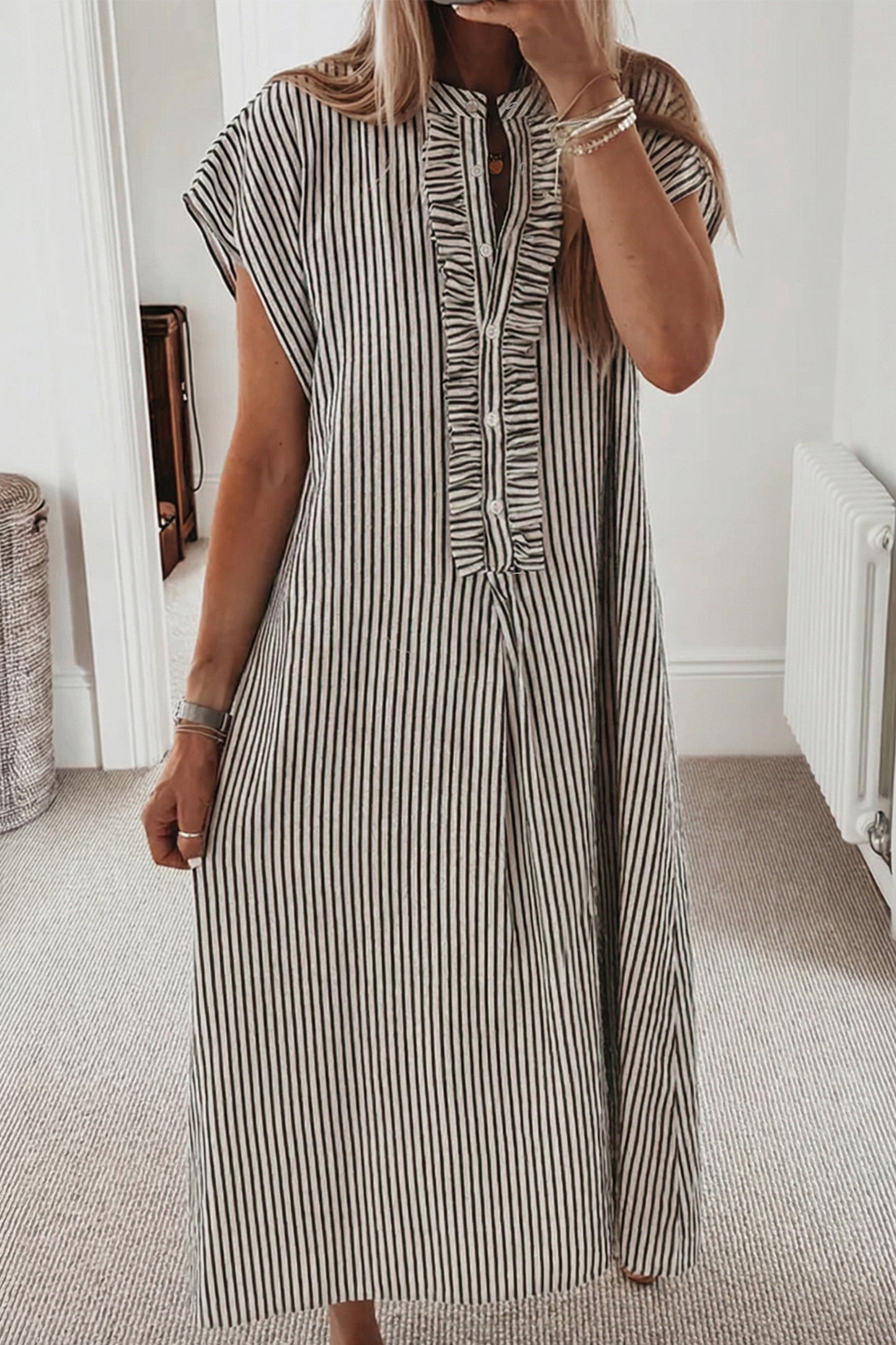 Black Stripe Ruffle Half-Button Short Sleeve Maxi Dress