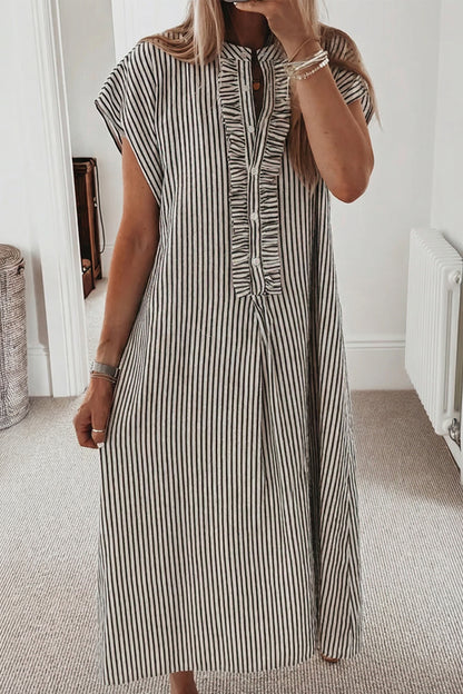 Black Stripe Ruffle Half-Button Short Sleeve Maxi Dress