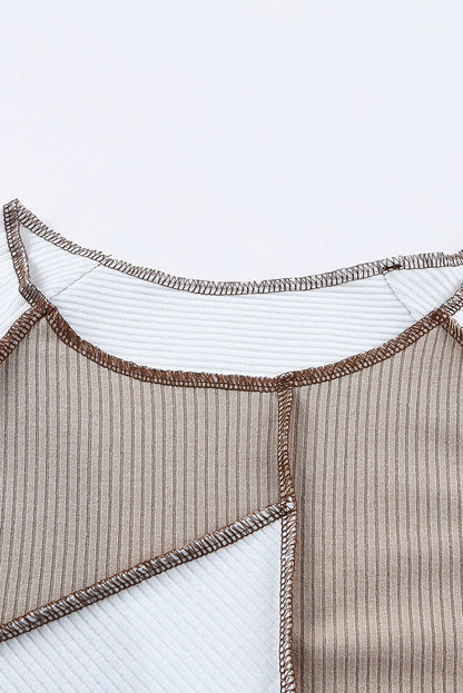 Irregular Color Block Rib Knit Long Sleeve Top