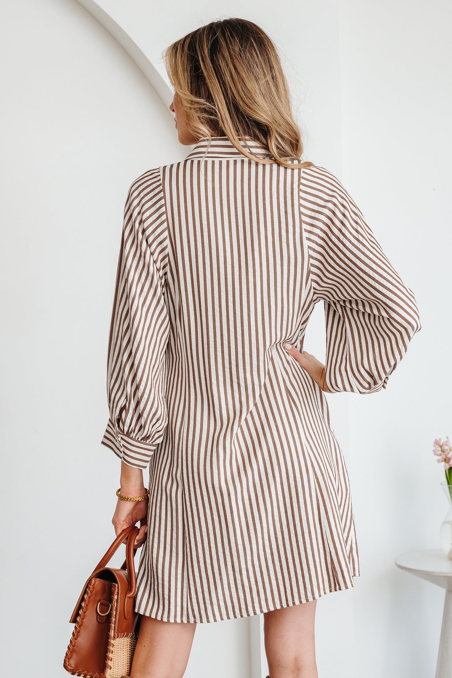 Brown Stripe Knot Waist Puff Sleeve Button Down Shirt Dress