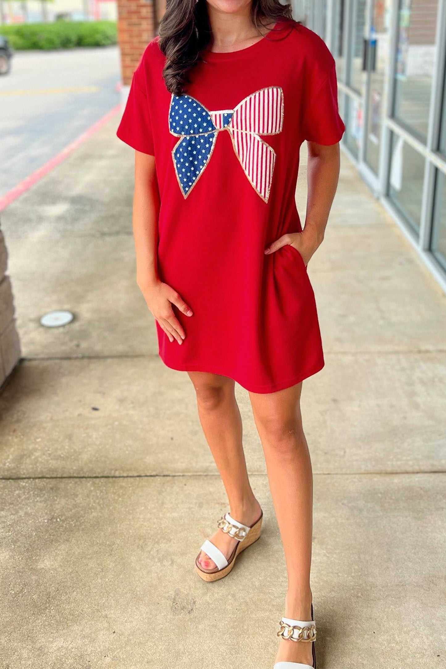 Red USA Bow T Shirt Dress Flag Day Independence