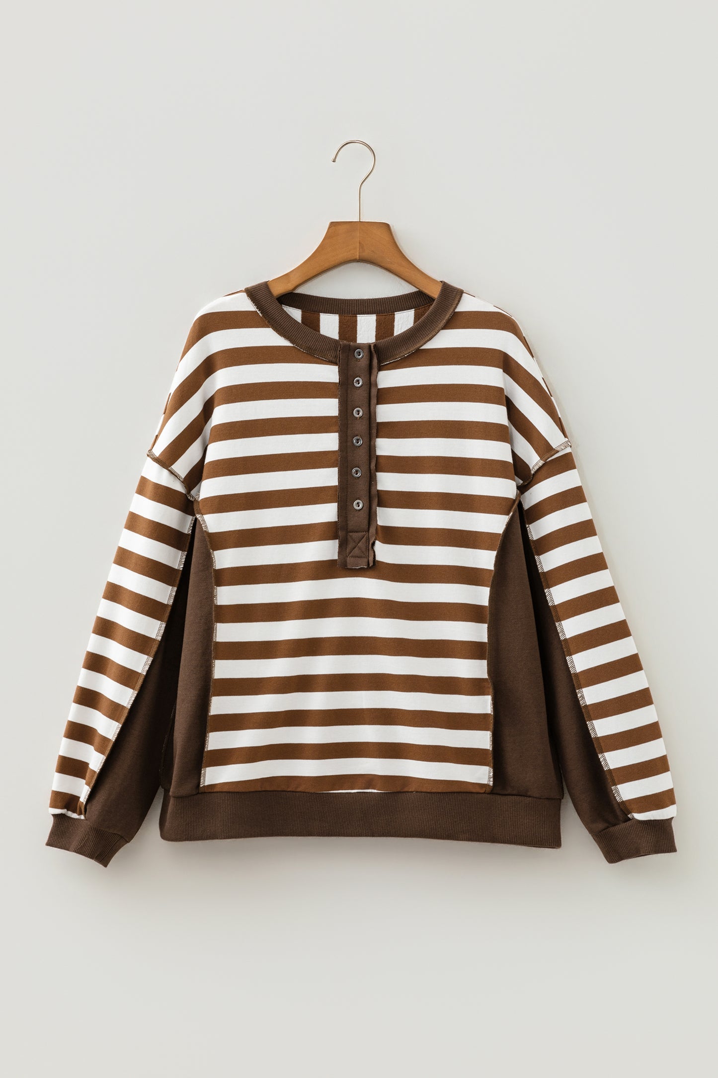 Brown Stripe Henley Button Placket Colorblock Sweatshirt Top