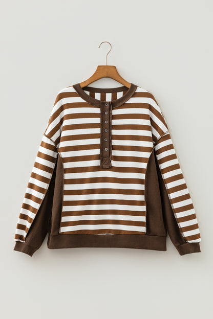 Brown Stripe Henley Button Placket Colorblock Sweatshirt Top