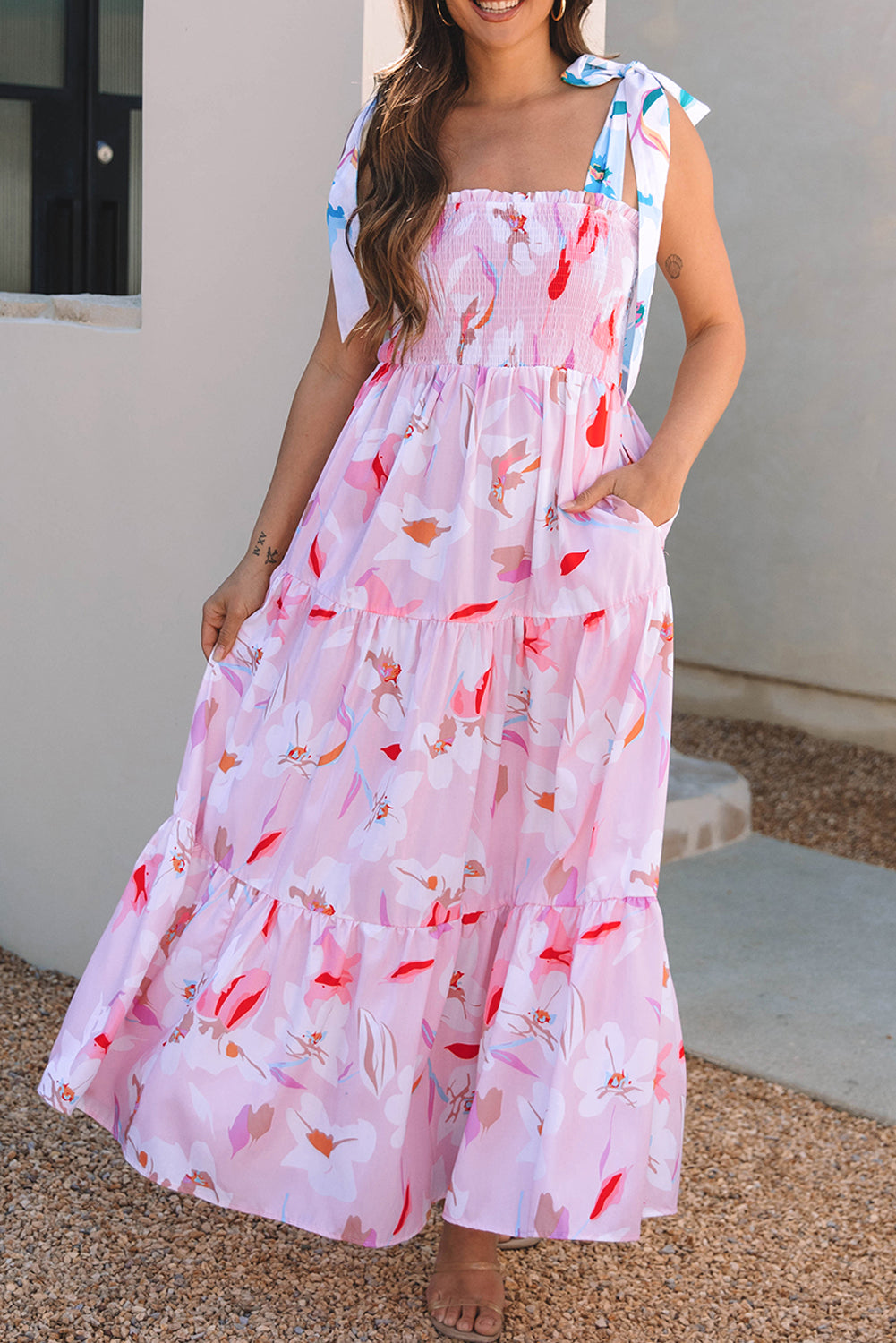 Pink Floral Smocked Maxi Dress Tie Shoulder Flowy