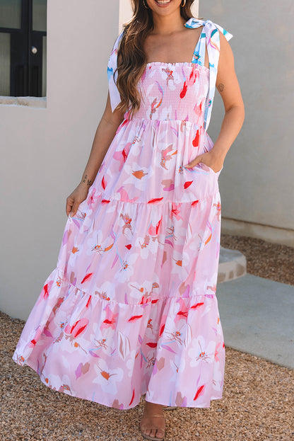 Pink Floral Smocked Maxi Dress Tie Shoulder Flowy