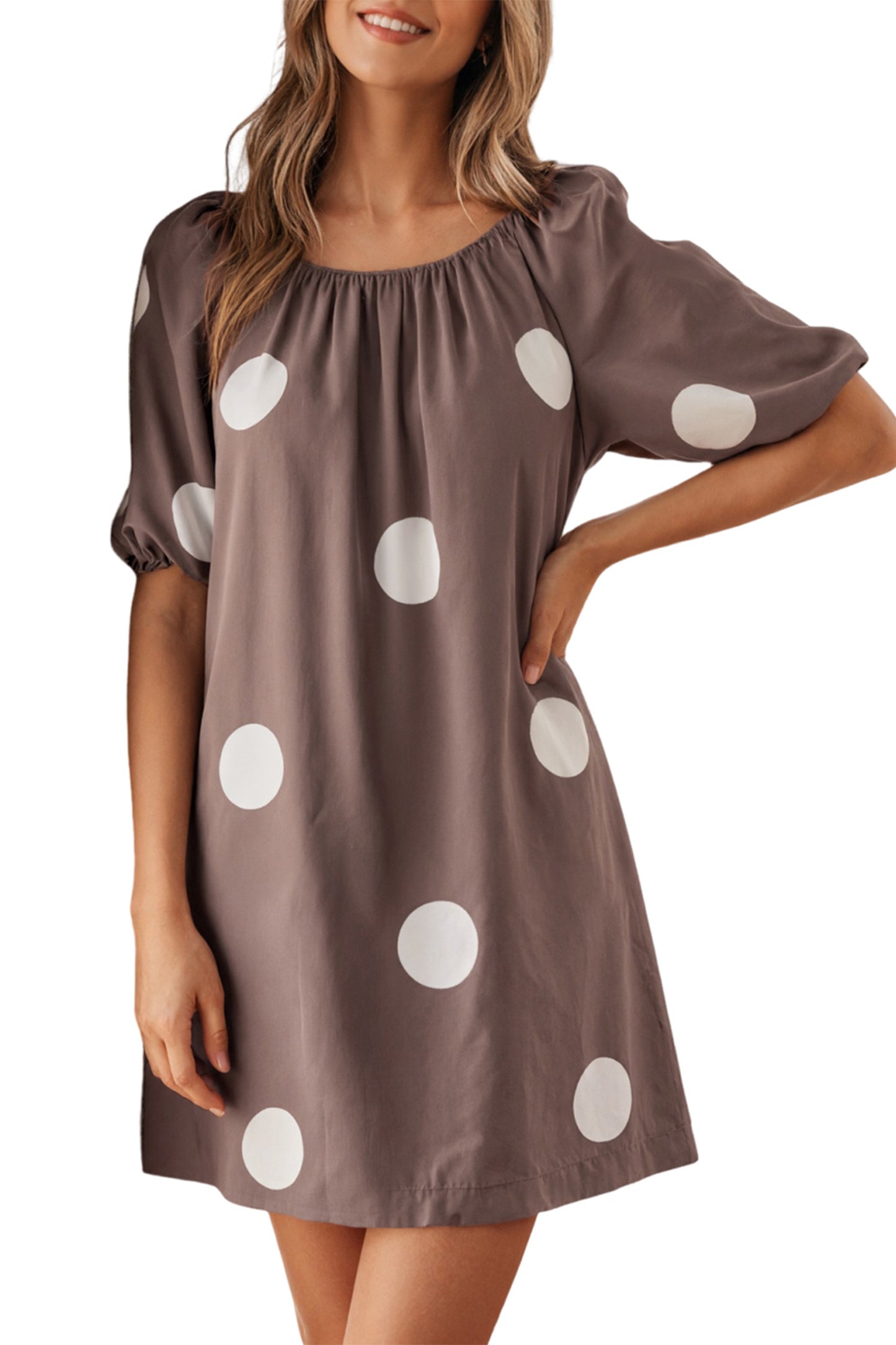 Brown Polka Dot Puff Sleeve Loose Fit Mini Dress