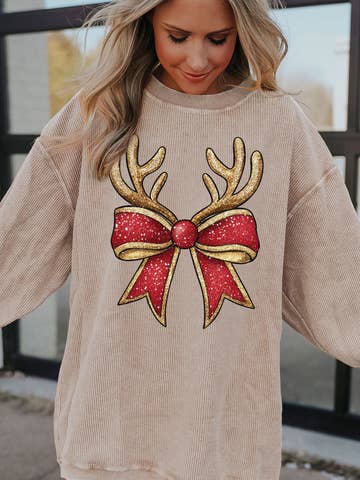 Christmas Antler Bow Graphic Corded Pullover Sweatshirt