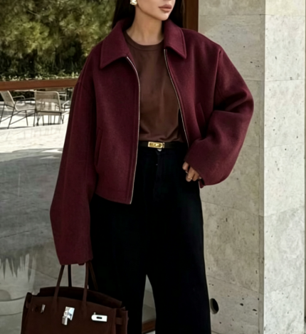 Women's Cropped Zip-Up Collared Jacket Vintage Casual