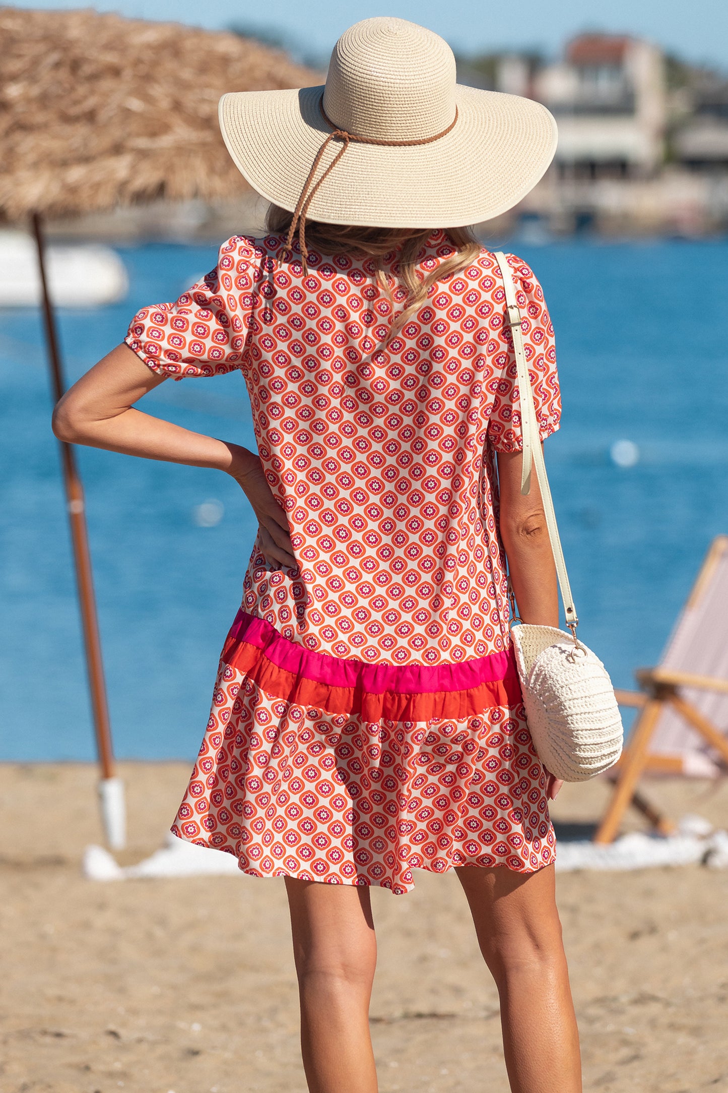 Orange Geometric Print Button Front Ruffle Hem Mini Dress