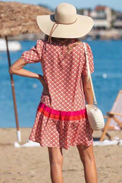 Orange Geometric Print Button Front Ruffle Hem Mini Dress