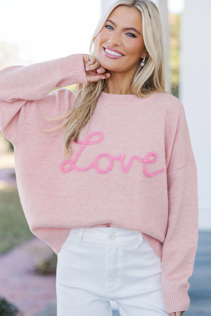 Valentine Pink Love Script Corded Knit Sweater