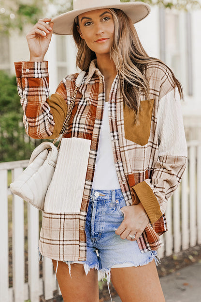 Color Block Plaid Corduroy Shacket with Pocket