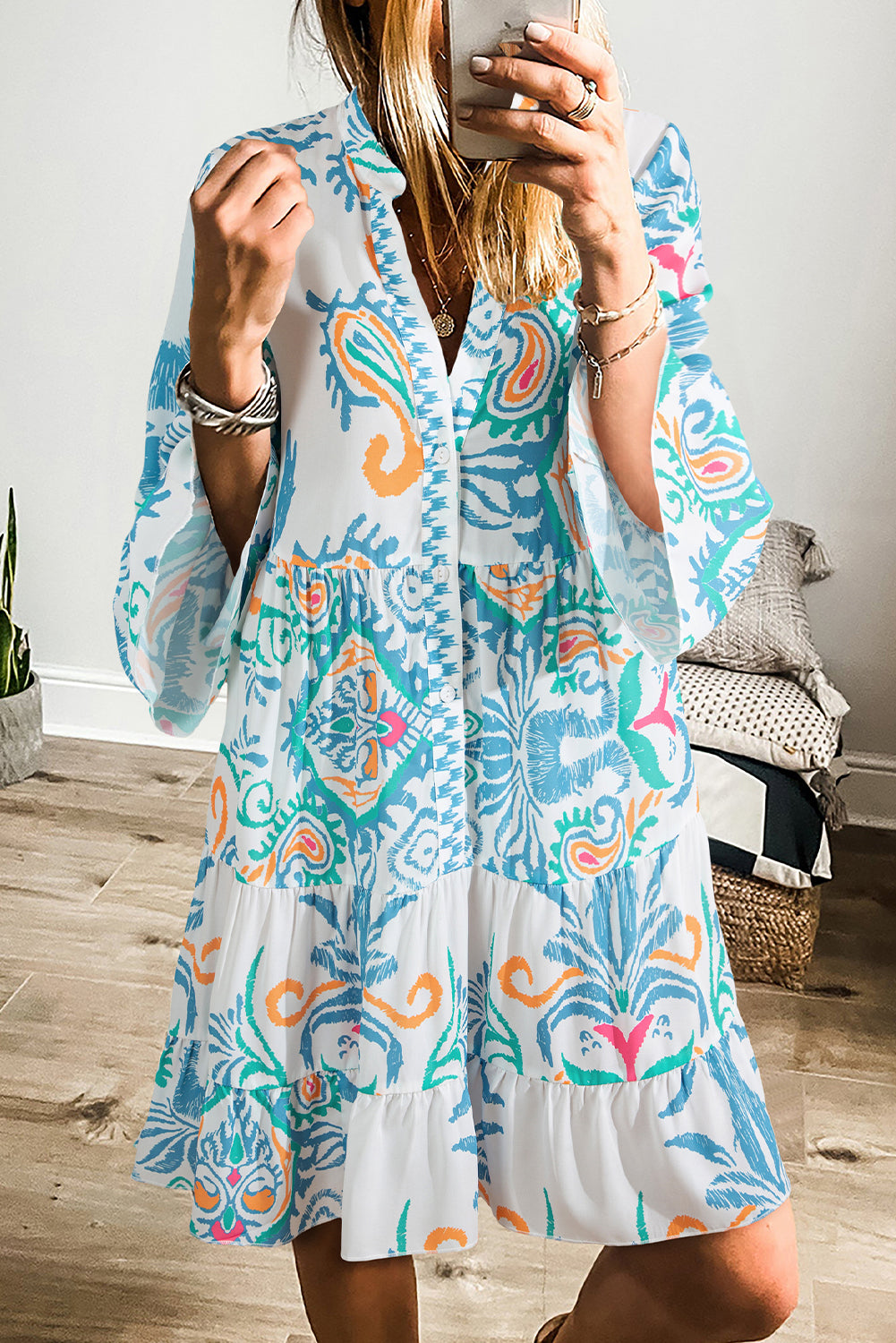 Boho Print Tiered Bell Sleeve Button Front Mini Dress