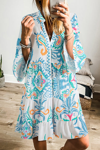 Boho Print Tiered Bell Sleeve Button Front Mini Dress