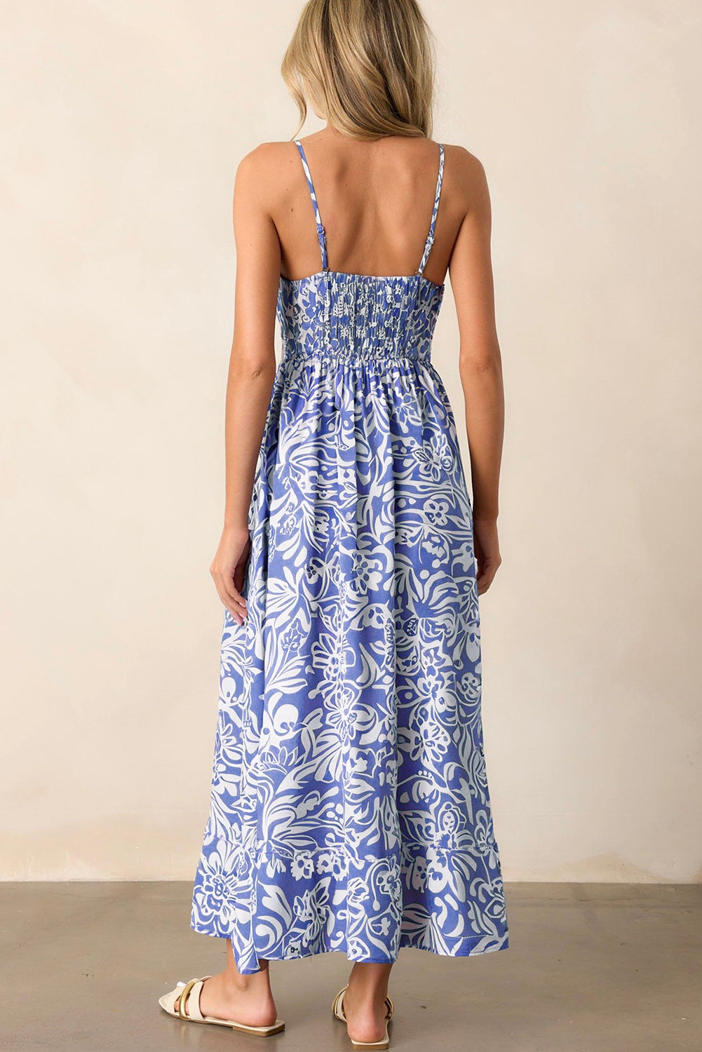 Blue Floral Print Spaghetti Strap Maxi Dress Women