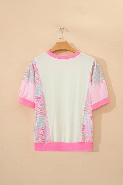 Beige Floral Patchwork Color Block Relaxed Fit Top