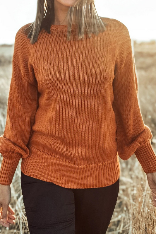 Gold Flame Drop Shoulder Solid Knit Ribbed Trim Sweater