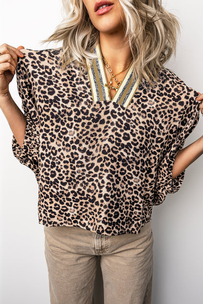 Leopard Print V Neck Contrast Trim Puff Sleeve Blouse
