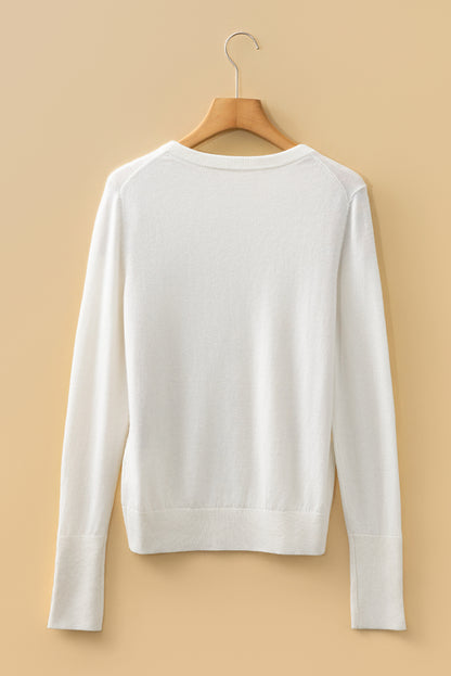 White Slim Fit Knit Sweater with Button Split Cuffs