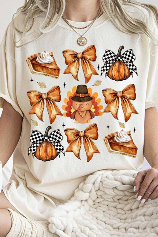 White Bow Turkey Pumpkin Pie Thanksgiving Graphic T Shirt