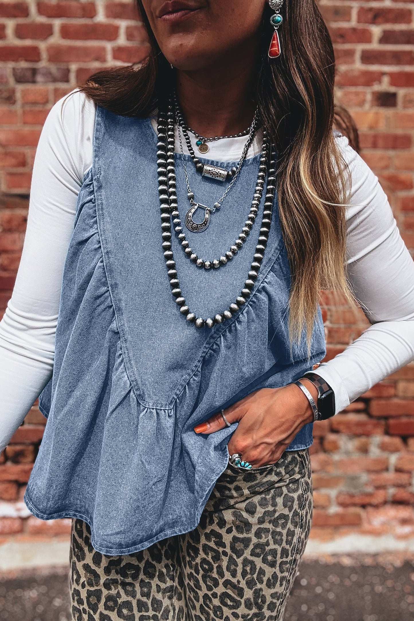 Washed Denim Ruffle Panel Babydoll Sleeveless Top