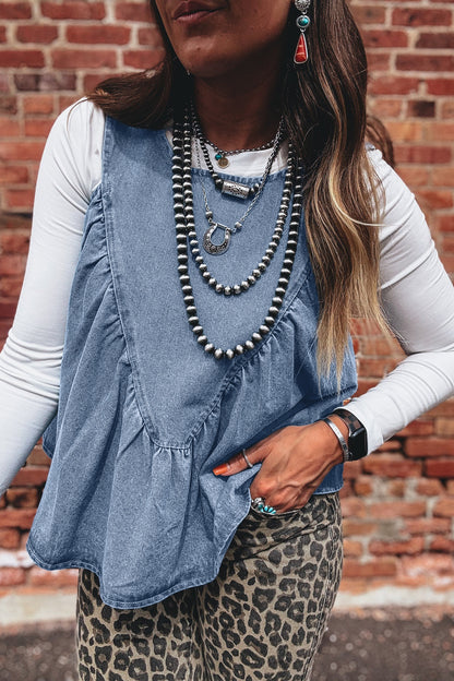 Washed Denim Ruffle Panel Babydoll Sleeveless Top