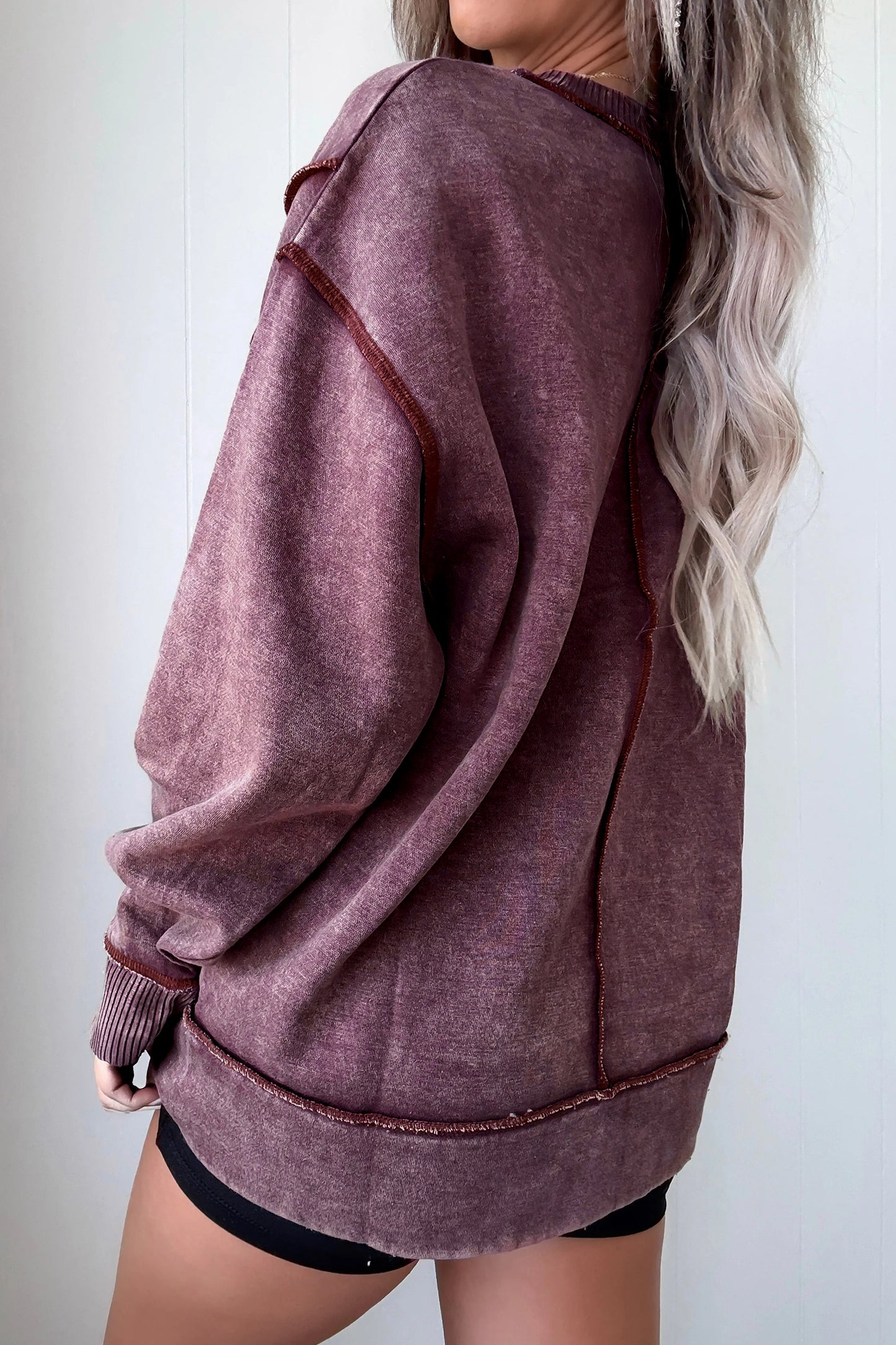 Mineral Wash Exposed Seam Sweatshirt Side Slit Casual Pullover