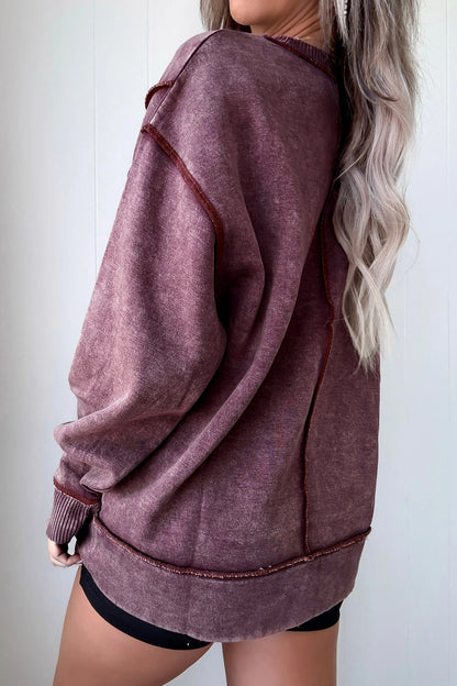 Mineral Wash Exposed Seam Sweatshirt Side Slit Casual Pullover