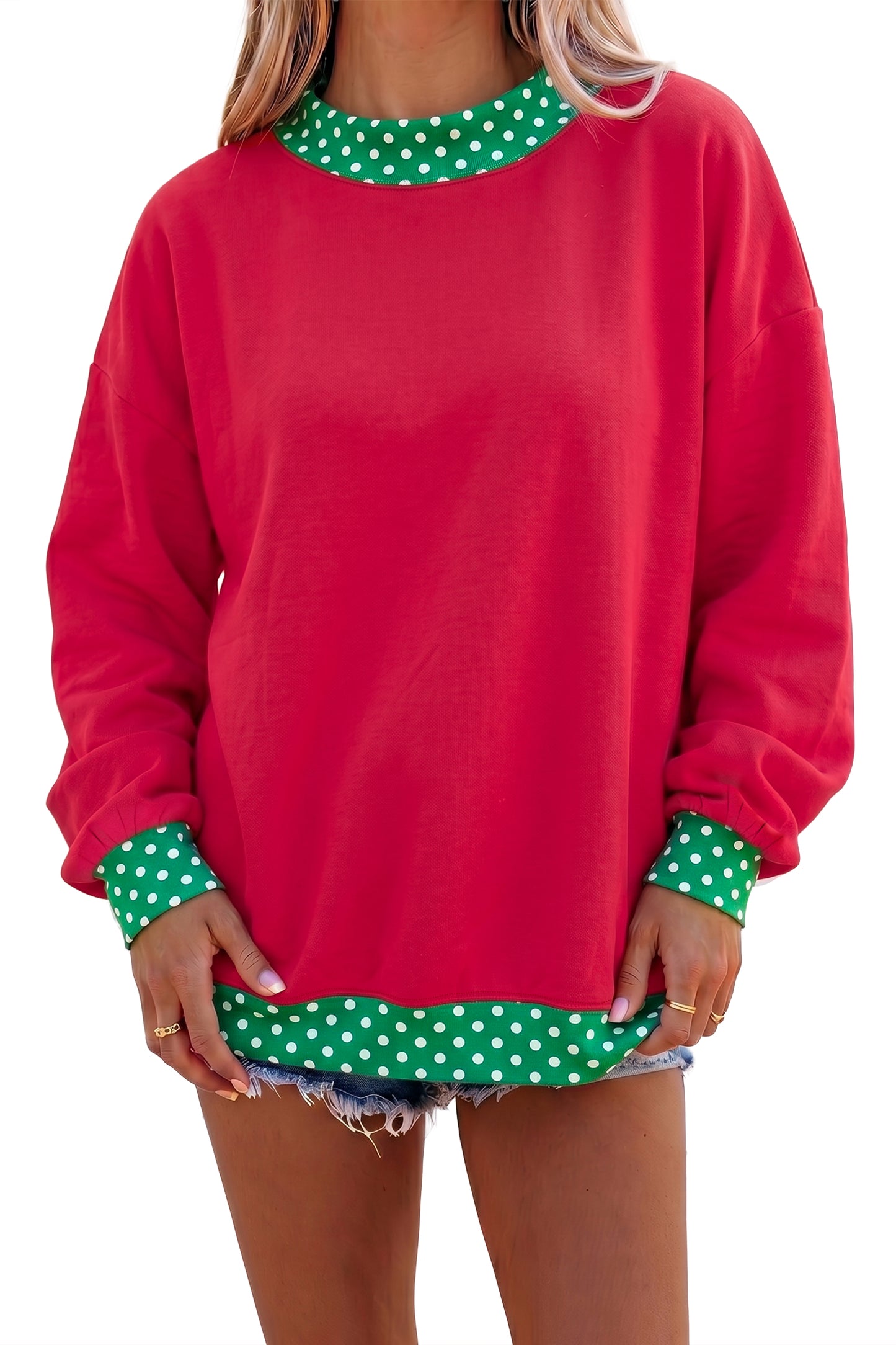 Red Polka Dot Trim Oversized Colorblock Sweatshirt