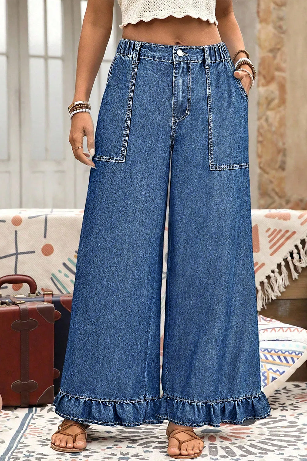 Sail Blue Plus Size Elastic Waist Ruffle Hem Jeans