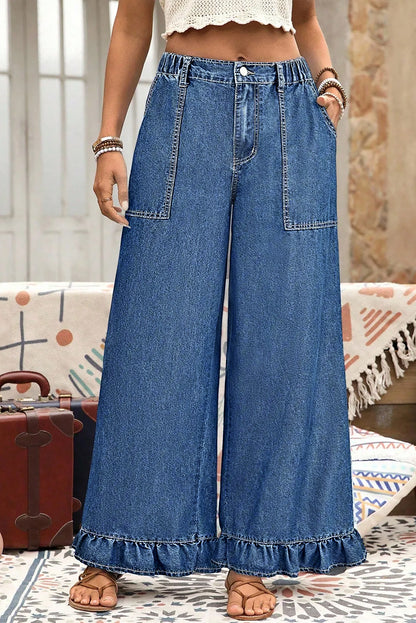 Sail Blue Plus Size Elastic Waist Ruffle Hem Jeans
