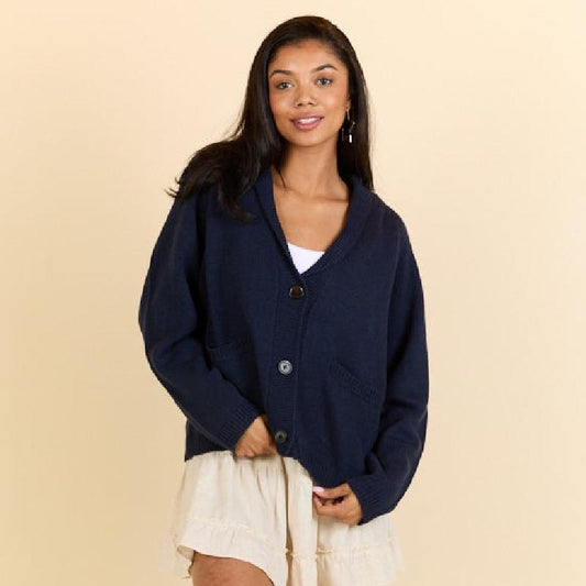 Oversized V-Neck Knit Cardigan with Buttons & Pockets
