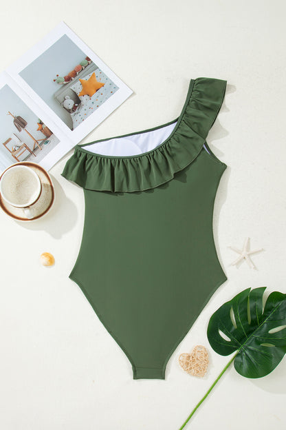 Mist Green Solid Color Ruffle Trim Asymmetric Neck One Piece Swimsuit