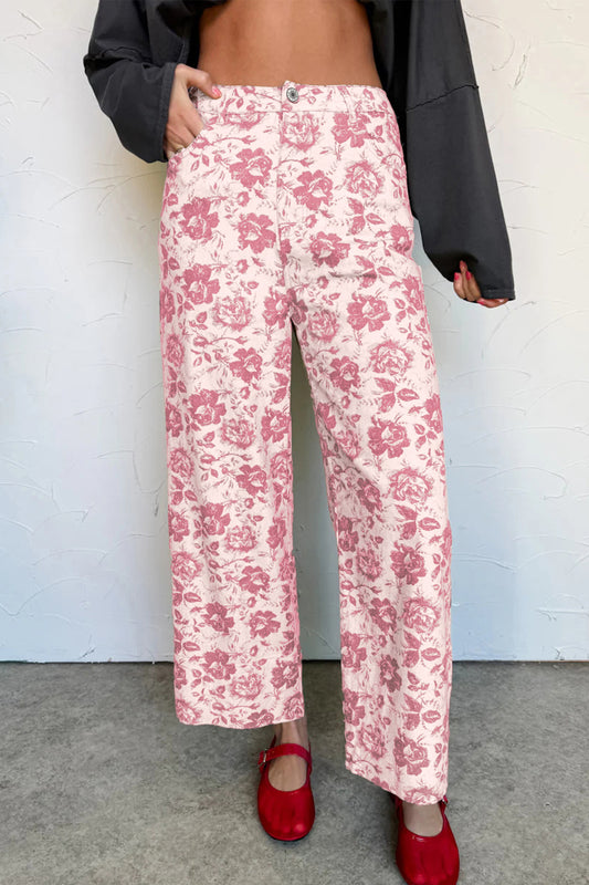 Pink Vintage Floral Print Wide Leg Denim Pants