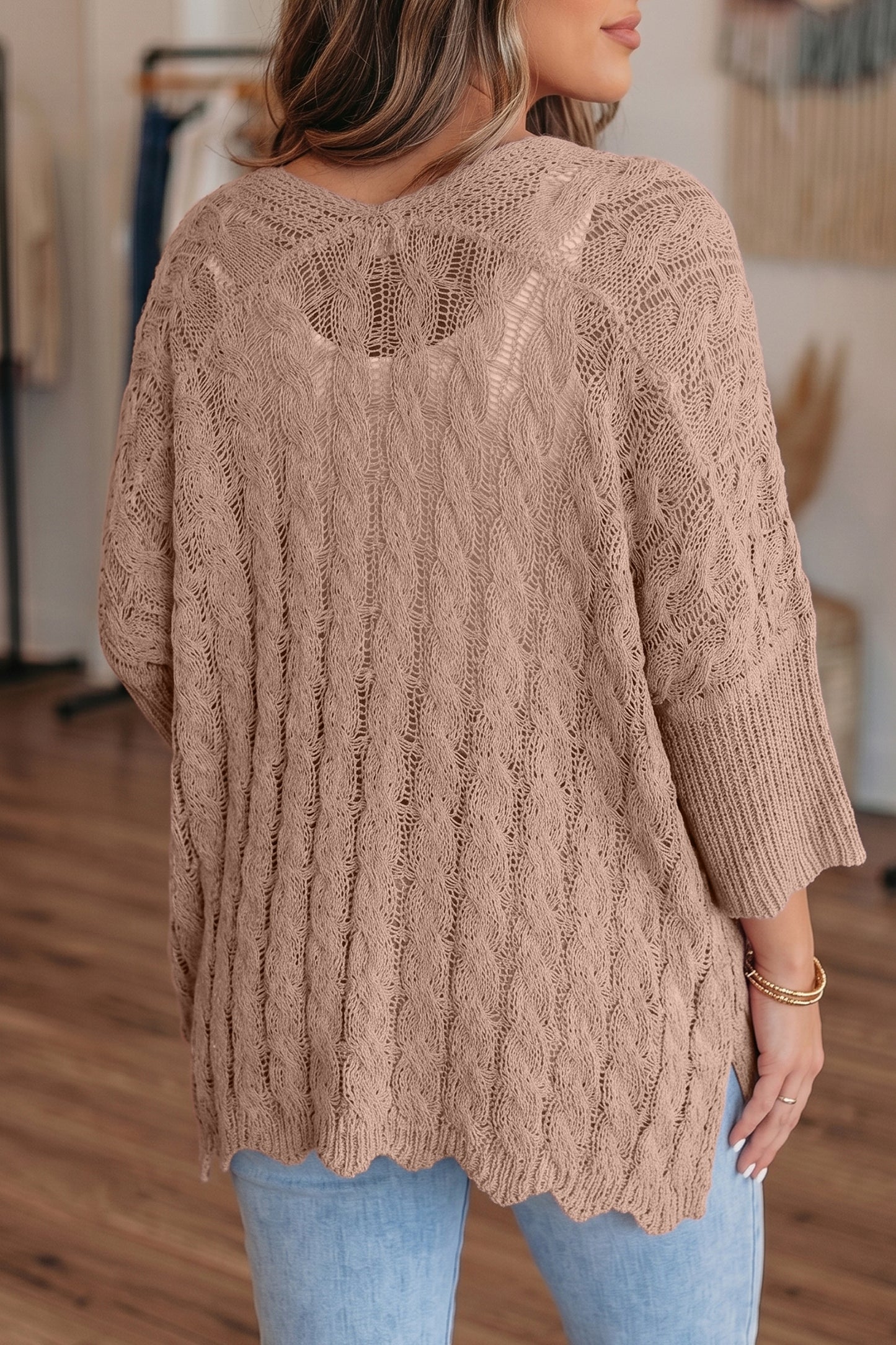Old Rose Hollow Knit Drop Shoulder Cardigan Sweater