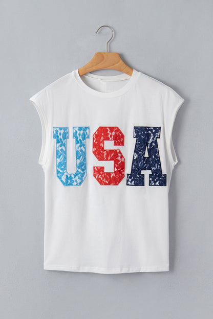 USA Lace Letter Dolman Tee Flag Day July 4th Top