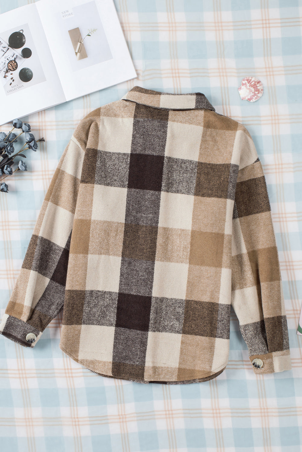 Plaid Colorblock Long Sleeve Jacket with Pockets – Casual Chic