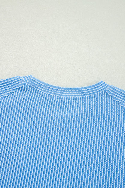 Blue Ribbed Knit Lounge Set Wide Leg Pants Outfit