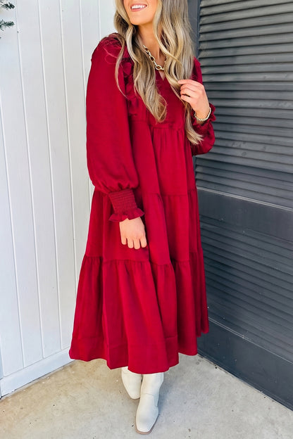 Red Ruffle V-Neck Long Sleeve Tiered Midi Dress
