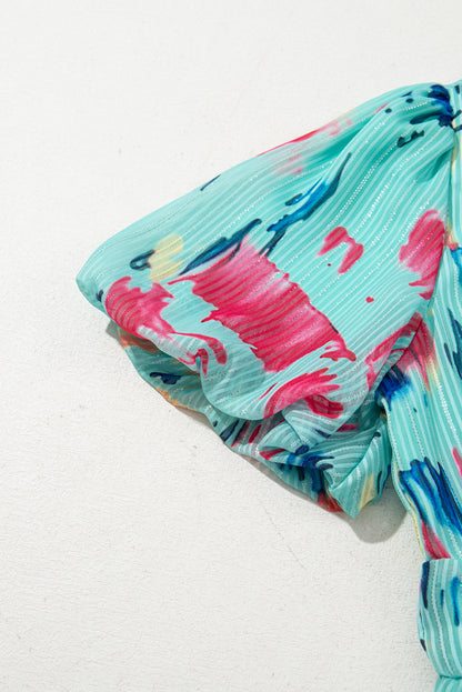 Abstract Print Puff Sleeve V Neck Tiered Maxi Dress