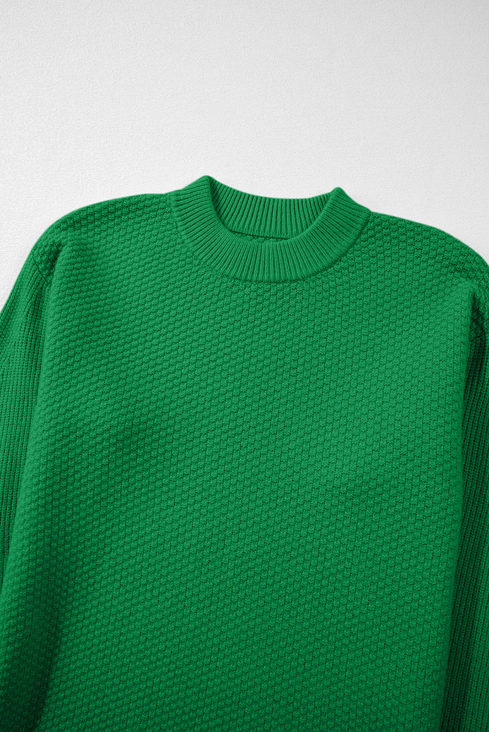 Green Textured Knit Drop Shoulder Split Cuff Oversized Sweater